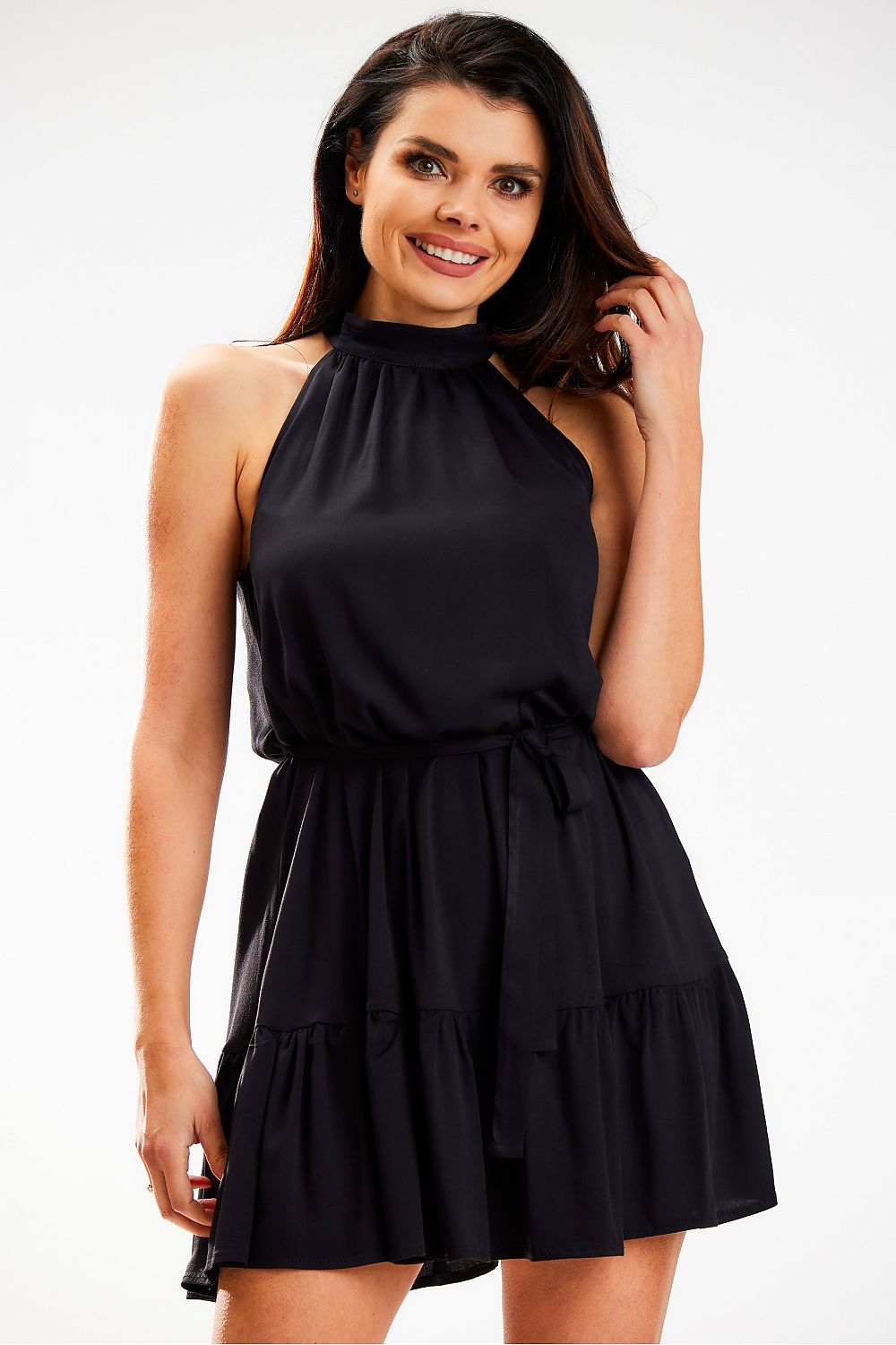 Sophisticated black loose flared daydress with a chic decorative neckline and ruffled hemline, crafted by Awama. Ideal for fashionable outings or special events.
