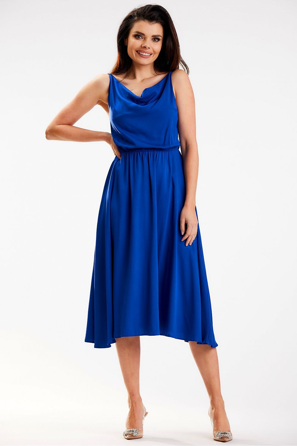 Glamorous Awama midi dress in striking blue, elegantly styled with a cowl neckline and flowing skirt, captured from the front.