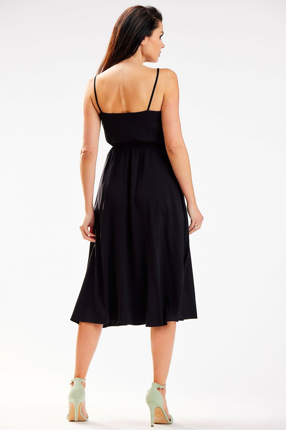 Back view of the stylish black Awama midi dress highlighting the delicate straps and flattering silhouette, perfect for upscale events.