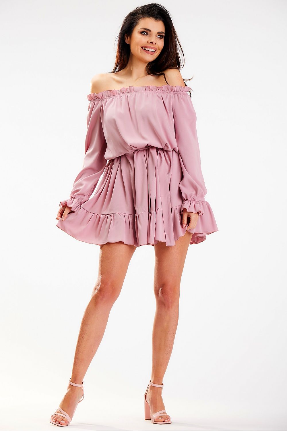 Glamorous Awama Spanish A-Line dress in mauve, off-shoulder design with voluminous sleeves and a playful frill, perfect for celebrations or casual outings.