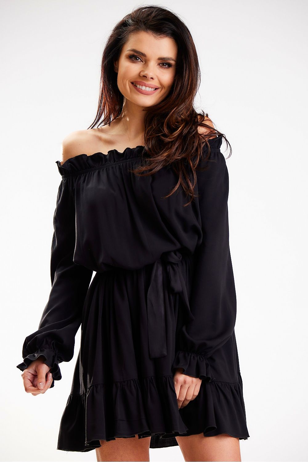 Sophisticated Awama Spanish A-Line dress in black, designed with an off-shoulder style and cinched waist, accented with delicate frills for an elegant evening look.