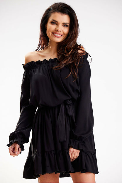 Sophisticated Awama Spanish A-Line dress in black, designed with an off-shoulder style and cinched waist, accented with delicate frills for an elegant evening look.