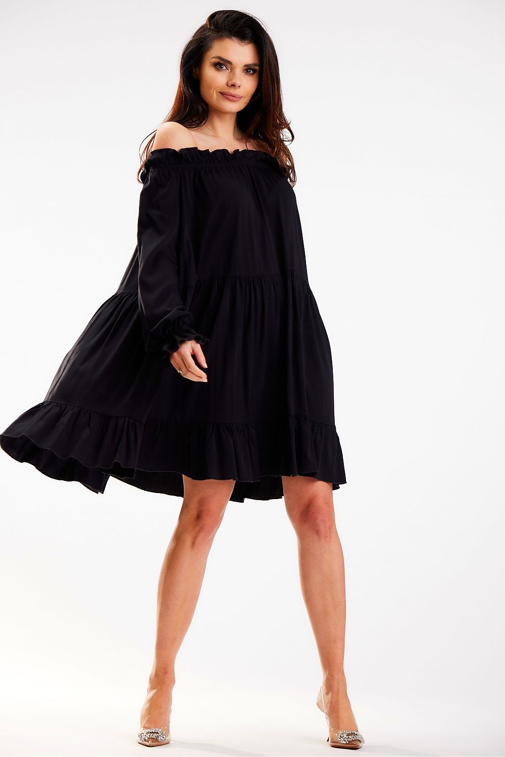Elegant Awama Spanish A-Line dress showcased in an airy black design, featuring long sleeves with frills, perfect for versatile two-way wear for both casual and formal occasions.