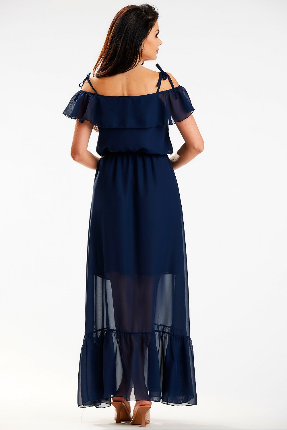 Back view of an exquisite Spanish-style maxi dress with ruffle and elastic waist in airy chiffon by Awama, illustrating the stunning design and fluidity of the fabric, perfect for sophisticated occasions.