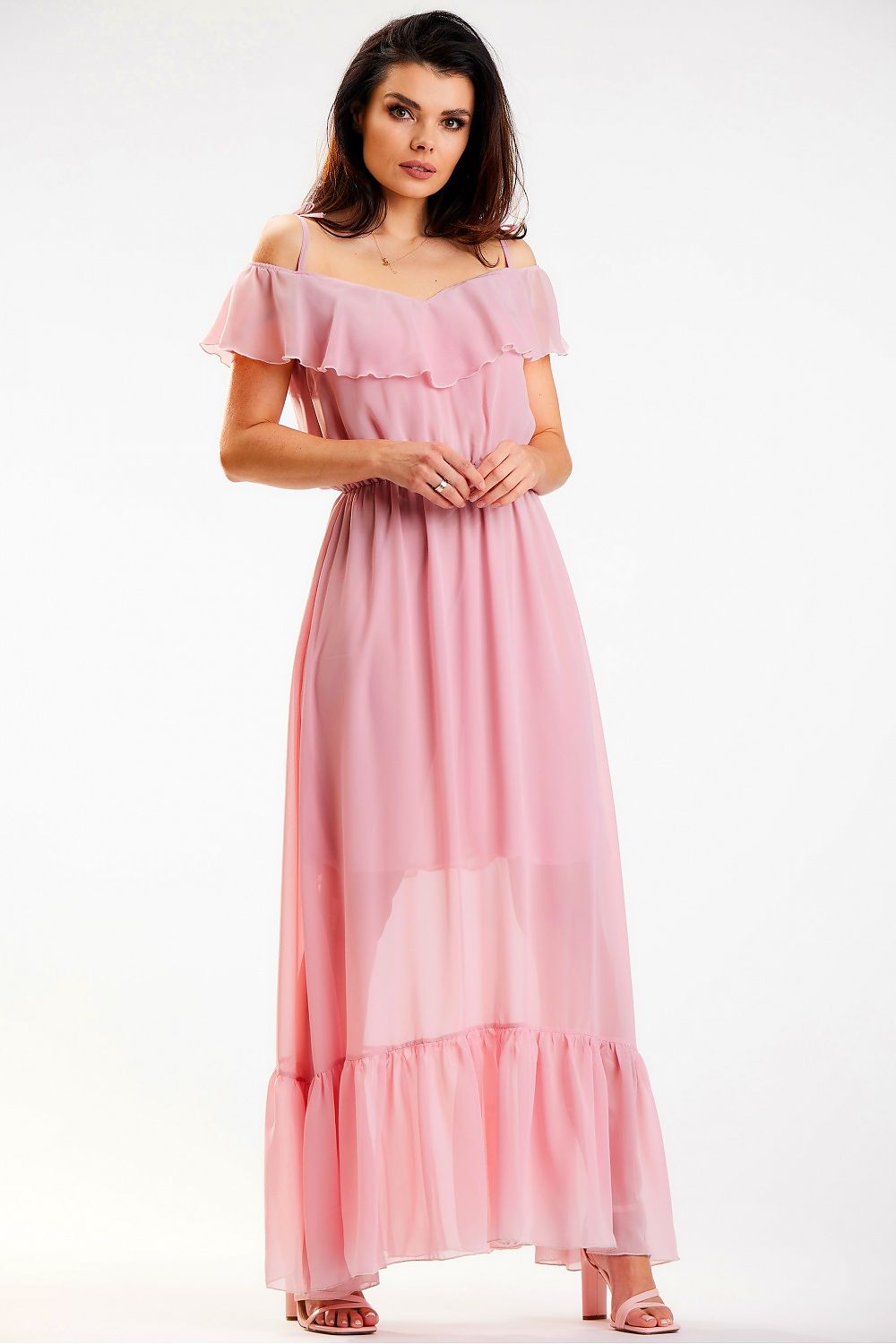 Luxurious pink Spanish-style maxi dress by Awama, featuring a ruffle neckline and elegant elastic waist in airy chiffon, perfect for graceful movement.