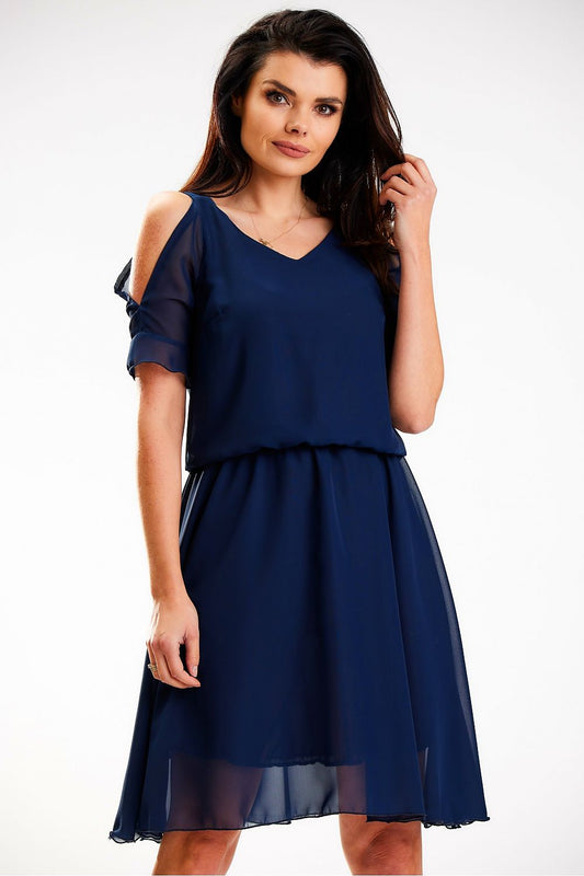 Elegant navy chiffon summer dress featuring shoulder slits and a flattering elastic waistband by Awama, designed for effortless style.