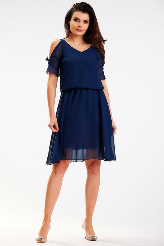 Chic navy chiffon dress with decorative shoulder cuts and a stylish elastic waistband by Awama, perfect for summer occasions.