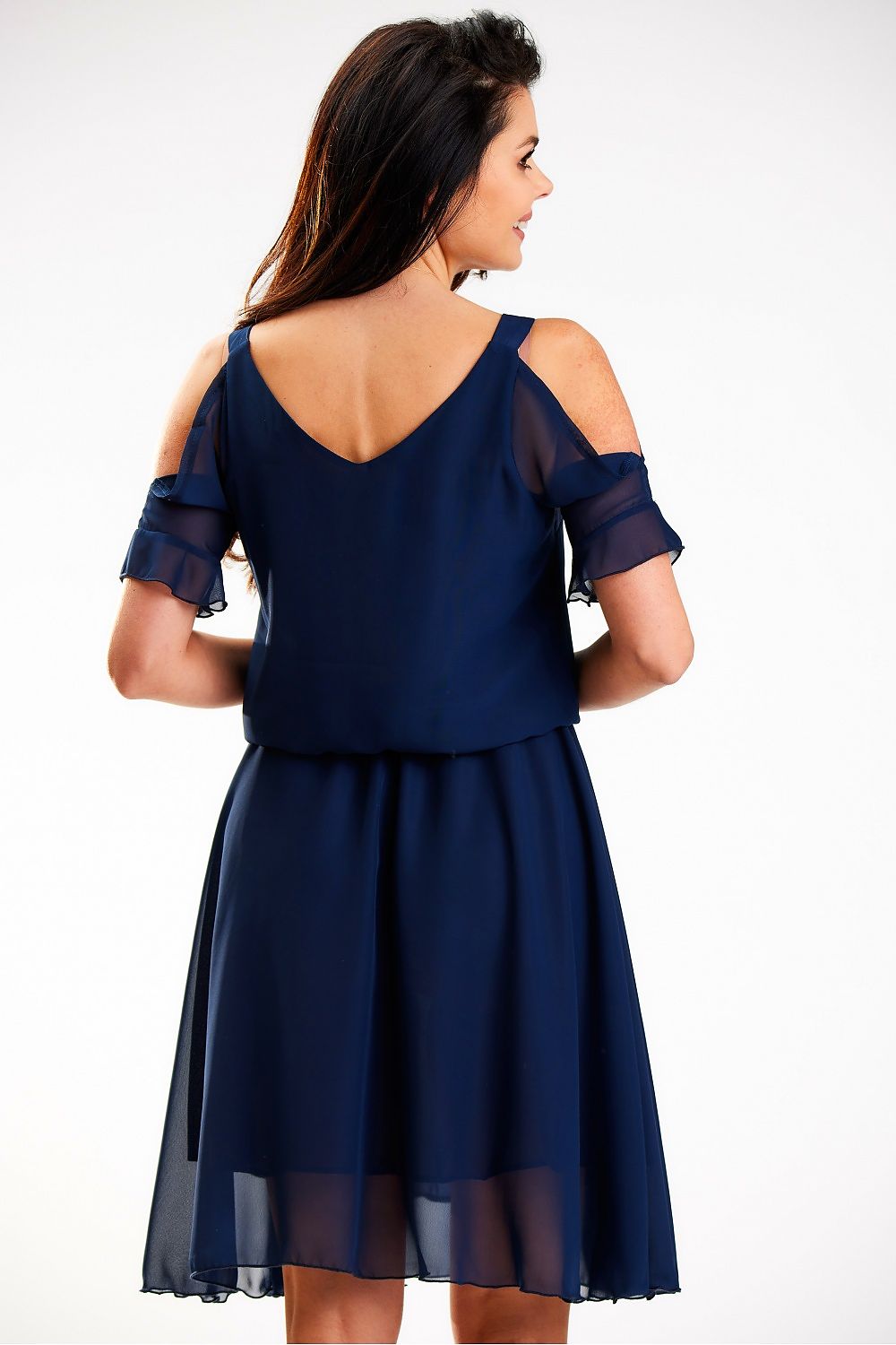 Back view of a luxurious navy chiffon summer dress with open shoulders and an elegant silhouette by Awama, ideal for warm evenings.