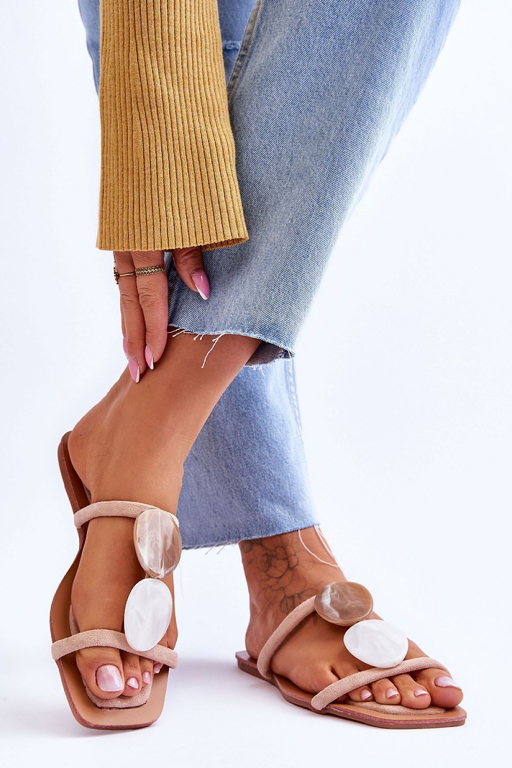 Elegant women's eco-suede flip-flops featuring decorative marble imitation stones by Step in style, perfect for luxurious summer outfits.