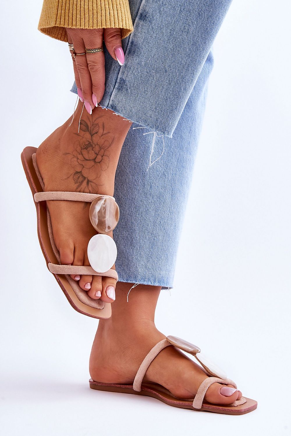 Sophisticated women's eco-suede flip-flops by Step in style, designed with decorative marble imitation stones for a chic, boho inspired look.