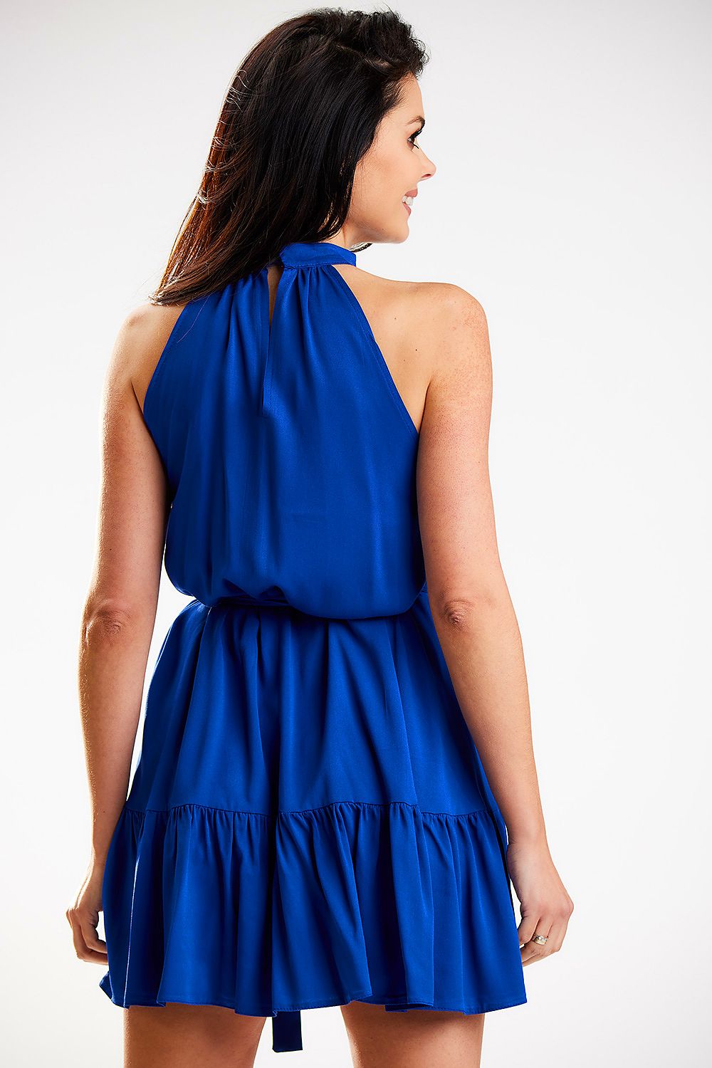 Back view of an exquisite blue loose flared daydress with a high neckline and adjustable waist tie, created by Awama. This design highlights versatility with its elegant A-line shape.