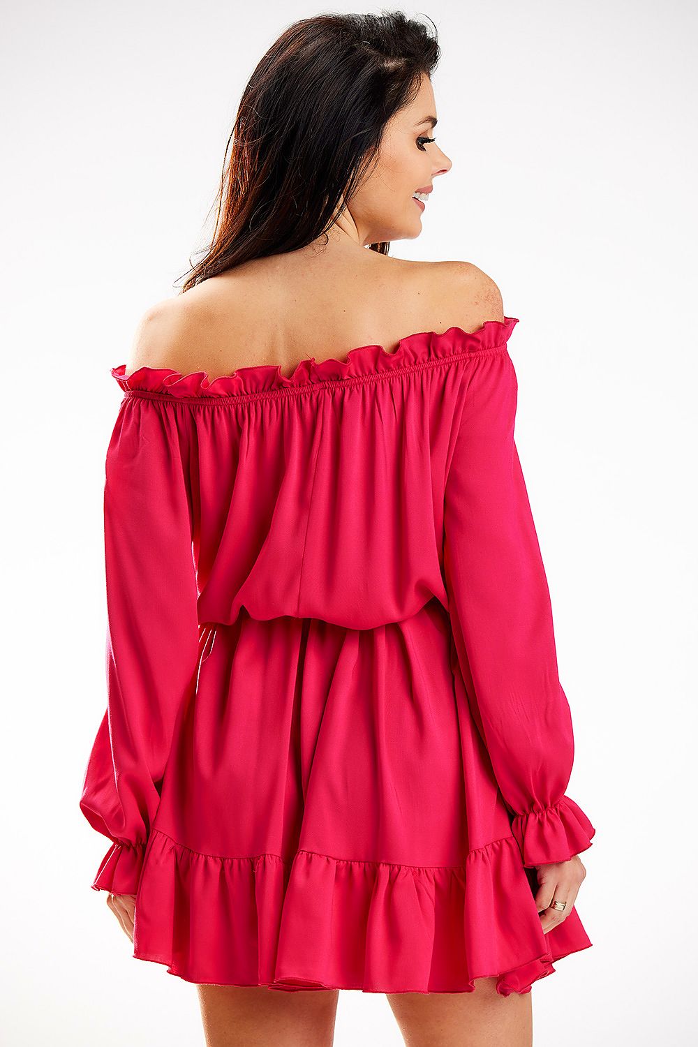 Elegant Awama Spanish A-Line dress in vibrant pink, featuring long sleeves and a frill, showcased from the back with a relaxed fit, perfect for versatile styling.