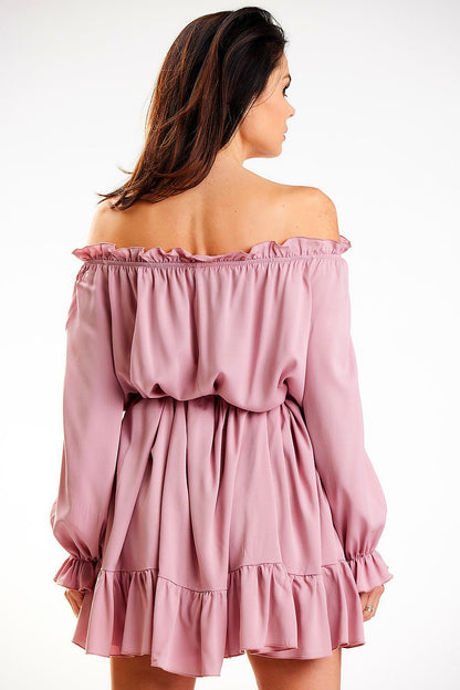Stylish Awama Spanish A-Line dress in mauve, featuring an off-shoulder neckline and frill details, presented in a flattering silhouette for a luxurious appeal.