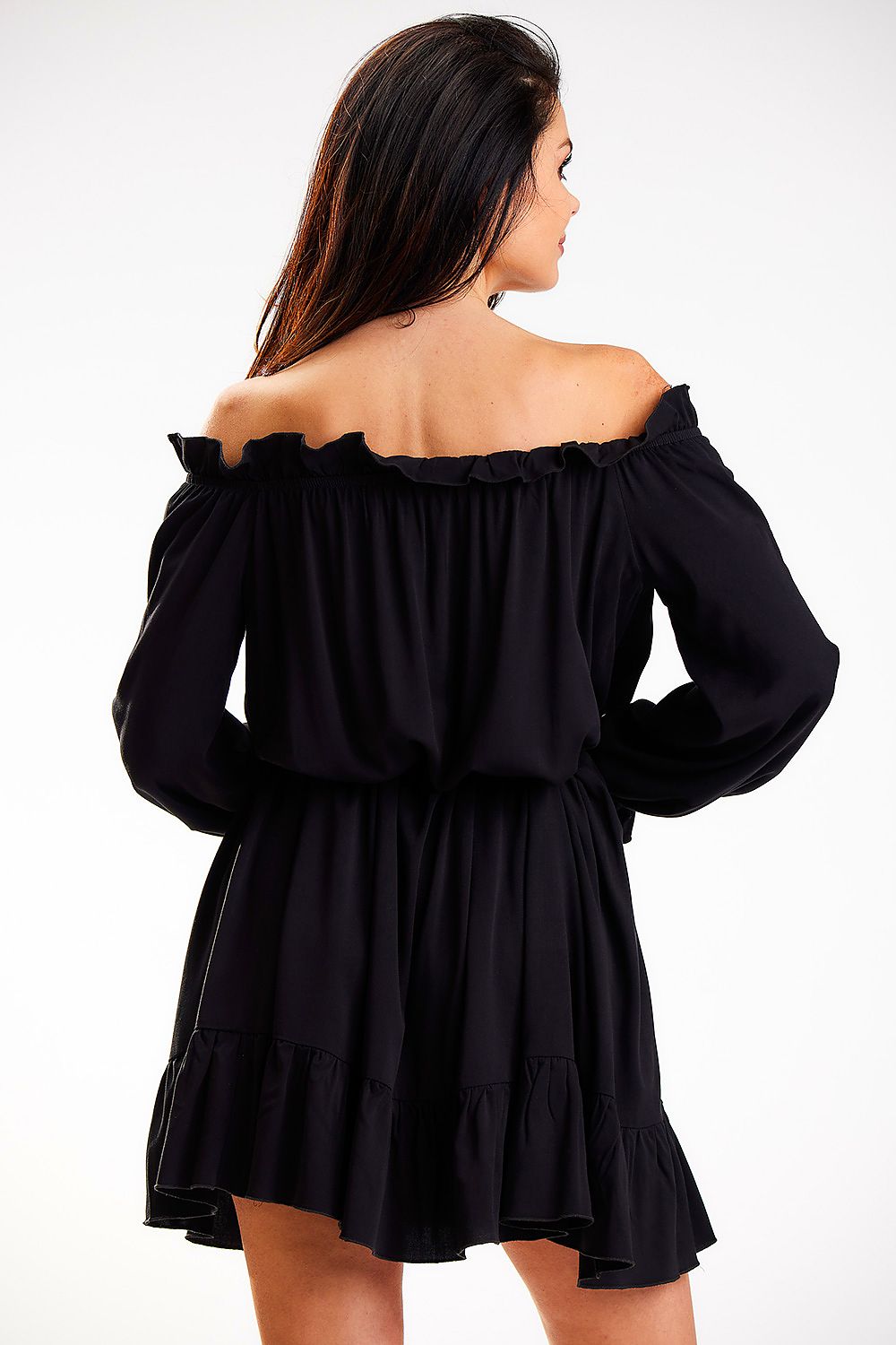 Back view of the luxurious Awama Spanish A-Line dress in black, highlighting the off-shoulder neckline and frilled hem, ideal for stylish and comfortable wear.