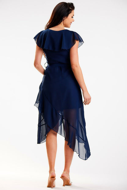 Back view of a stunning navy asymmetrical daydress featuring delicate ruffles and a refined V-neckline by Awama, embodying elegance and style.