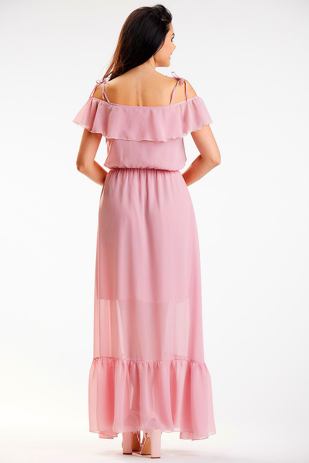 Back view of an elegant pink chiffon maxi dress by Awama with ruffle details and a cinched elastic waist, showcasing its sophisticated design.