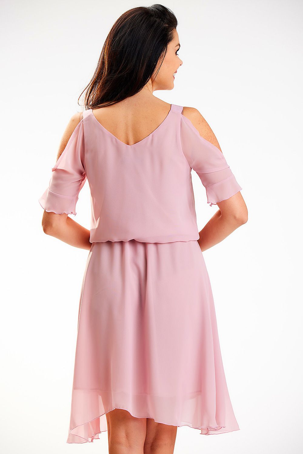 Back view of a graceful pink chiffon summer dress with stylish shoulder slits, showcasing the exquisite design by Awama. The model displays the flowing silhouette perfect for summer occasions.