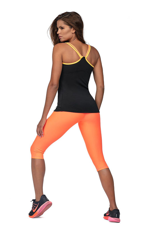 Rear view of Lorin Women's High Waist 3/4 Leggings in striking orange, complemented by an elegant black tank top, emphasising a sophisticated fitness look.