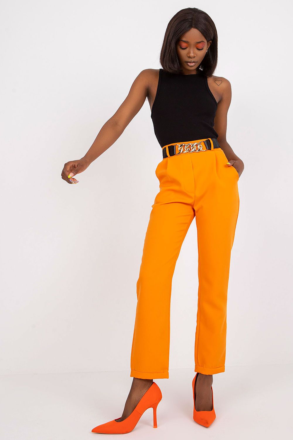 Chic orange high rise trousers with a stylish belt, ideal for evening wear or work attires, designed by Italy Moda.