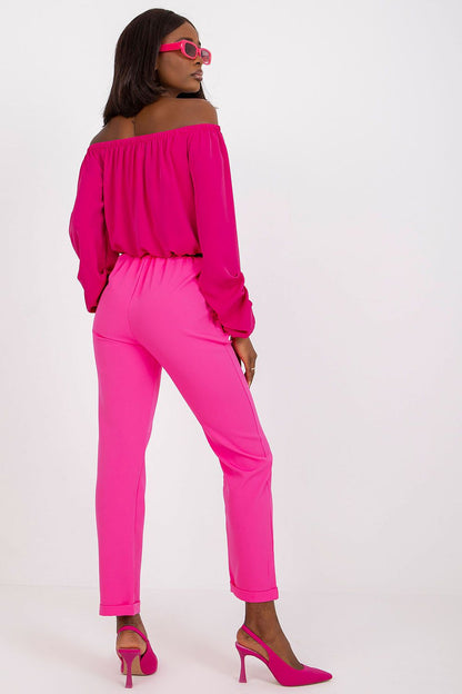 Back view of luxury women’s high rise trousers by Italy Moda, featuring a stylish pink outfit, perfect for fashion-forward occasions.