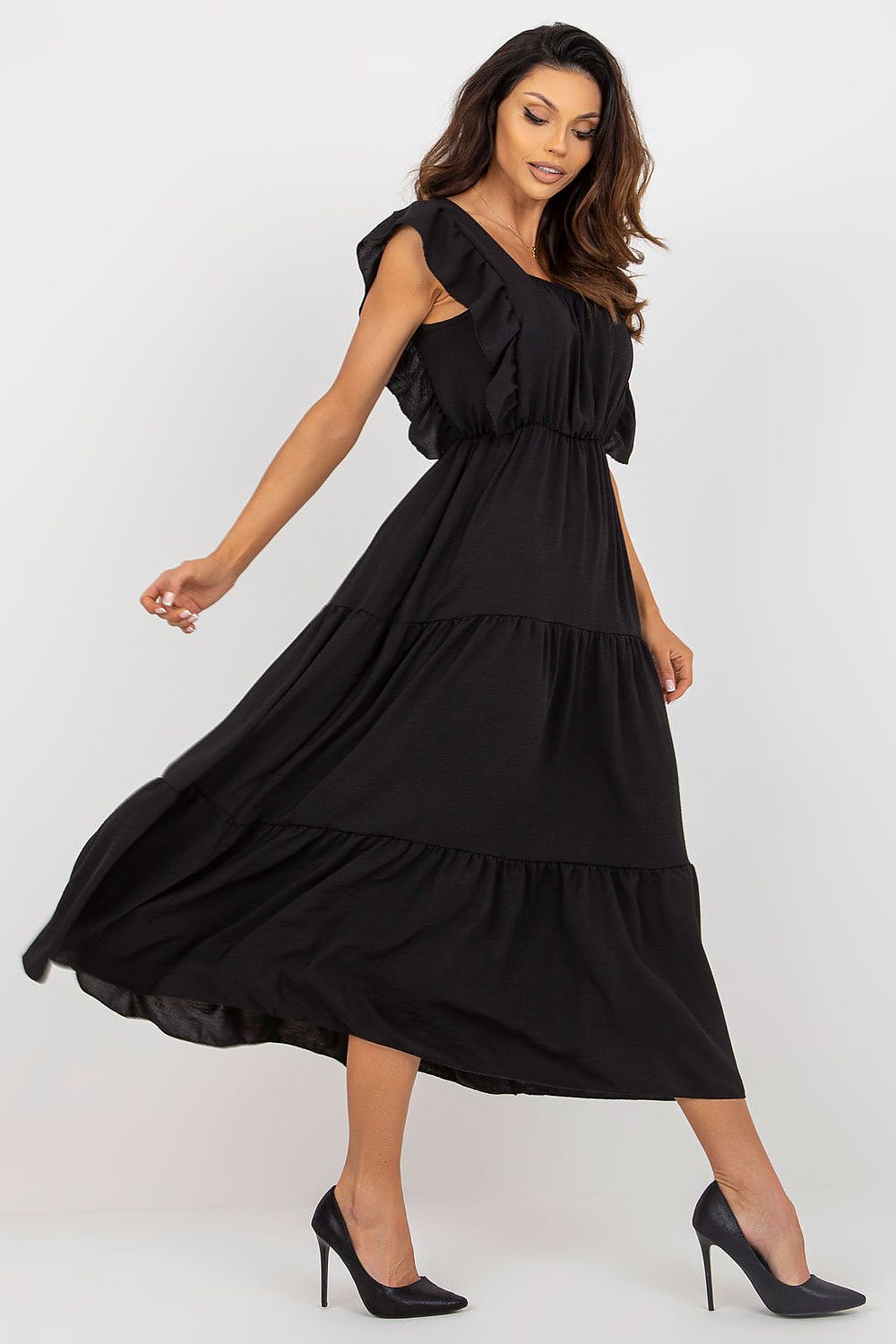 Flowing black summer dress with ruffled sleeves, showcasing a tiered design and square neckline, styled by Italy Moda.
