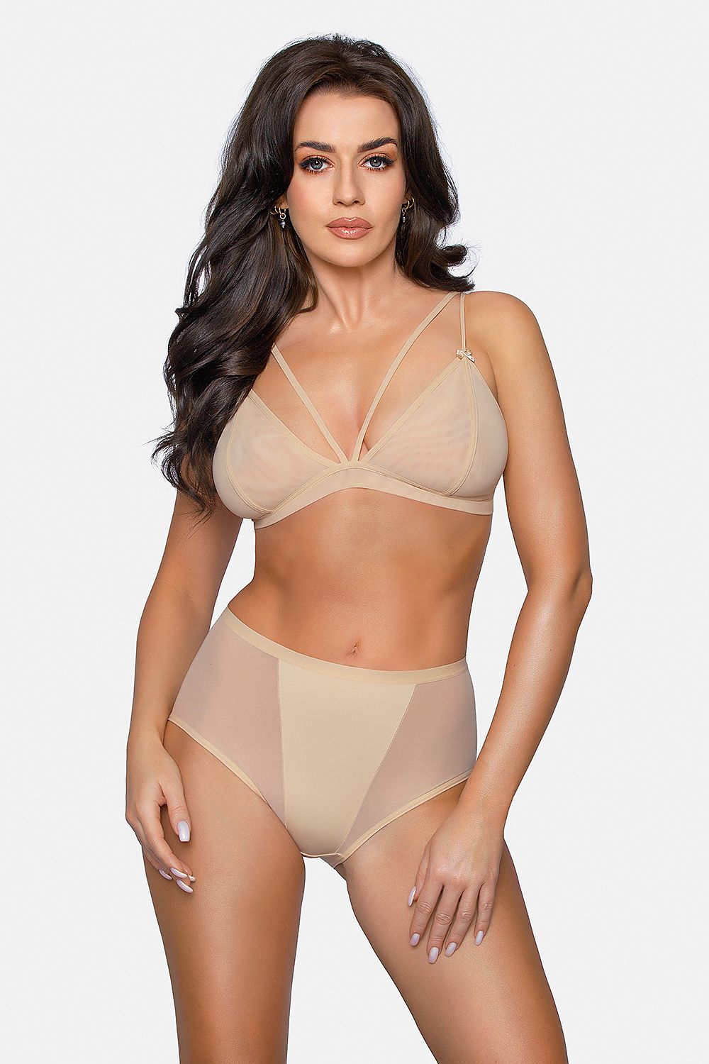 Opulent high waisted cotton panties in nude by Babell, beautifully modeled with tulle panels, exuding a sense of luxury and comfort.