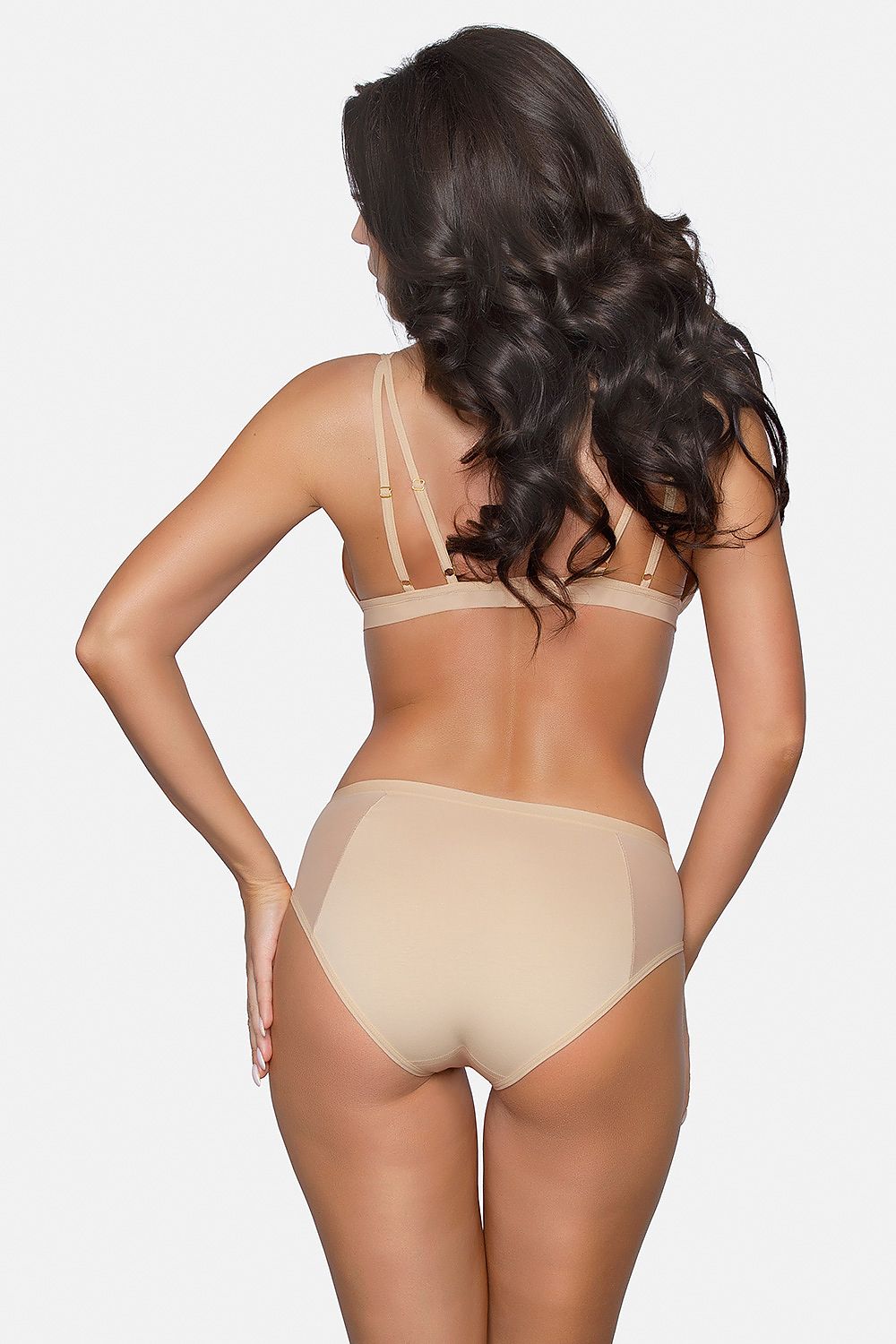 Rear view of stylish women's cotton panties with tulle accents in nude from Babell, focusing on the graceful and elegant cut.