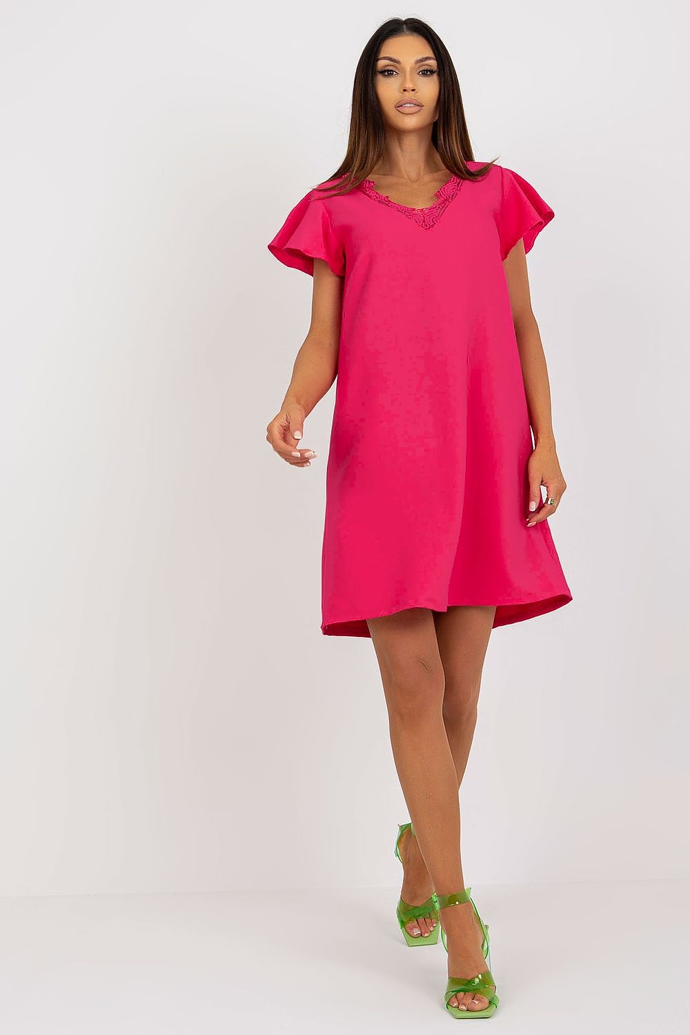 Vivid pink elegant loose-fitting daydress by Rue Paris, featuring ruffle sleeves and decorative lace, designed for bold and stylish appearances.