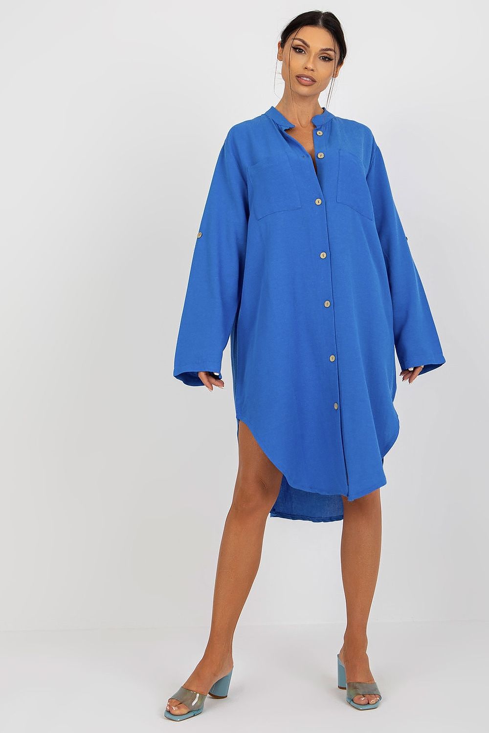 Stylish blue shirt-cut dress by Och Bella, featuring a flattering silhouette with long sleeves and button details, ideal for chic summer outings.