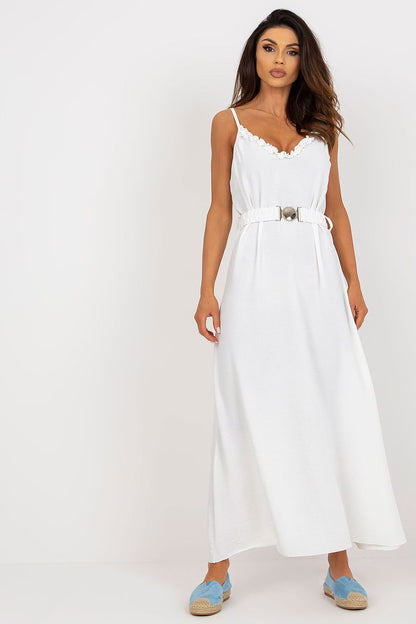 Elegant strapless daydress with sweetheart neckline and matching belt by Och Bella, showcased in a pristine white fabric, ideal for sophisticated summer occasions.