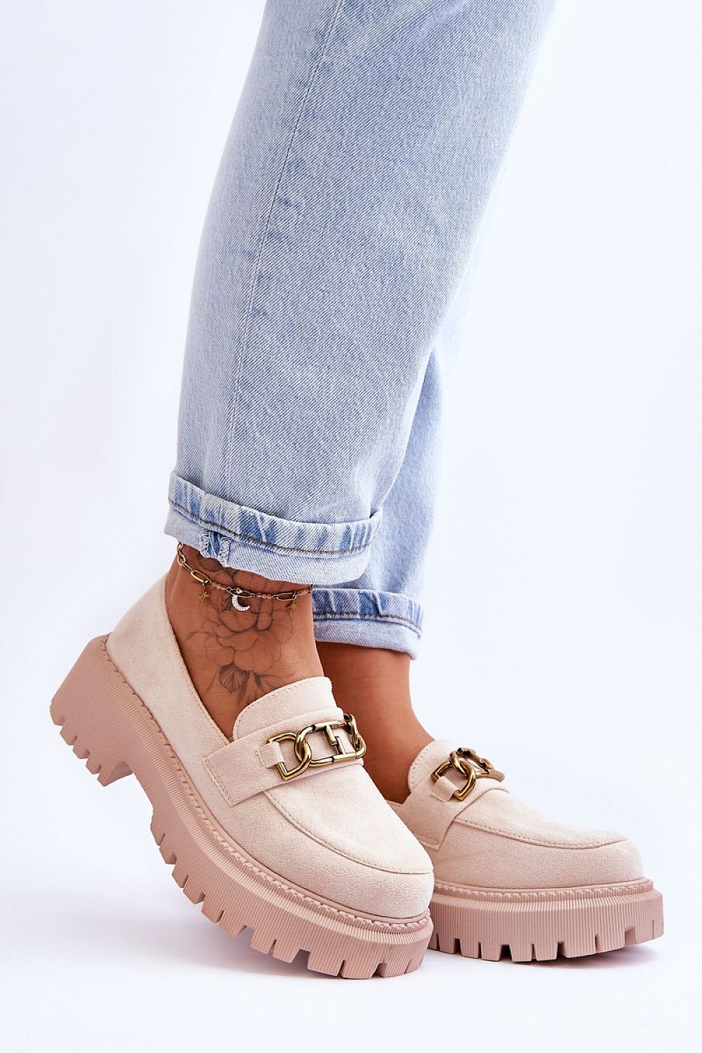 Luxury eco-suede moccasins for women by Step in Style, featuring decorative front details and a chic 5cm flat heel with a 4cm platform, perfect for elegant casual wear.