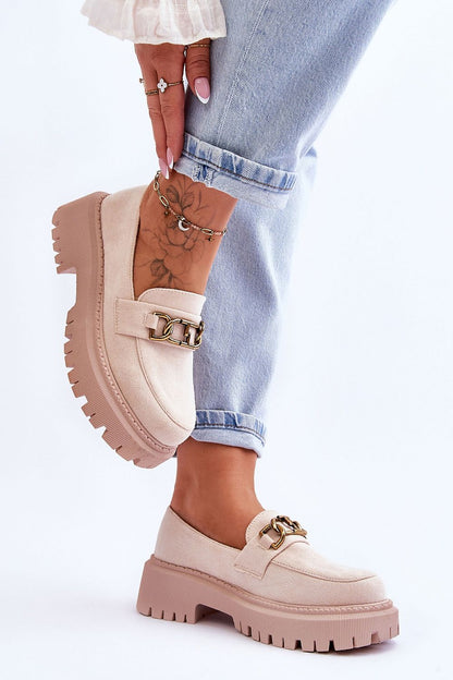 Stylish women's moccasins made from eco-suede, designed by Step in Style, showcasing a sophisticated decorative front and comfortable 5cm flat heel with a 4cm platform.