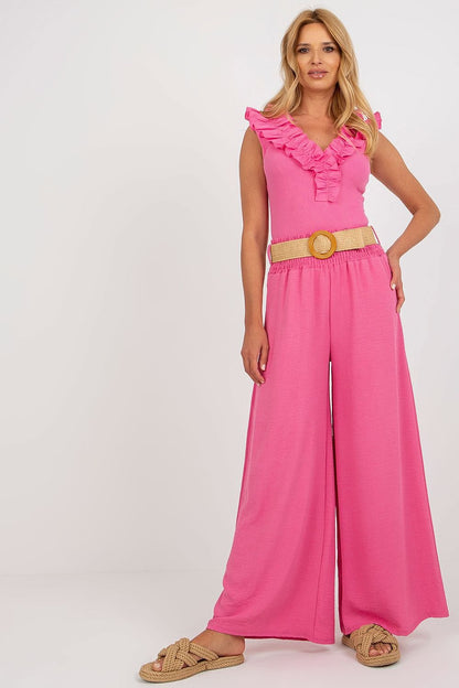 Close-up of Italy Moda Women's High Rise Wide Leg Trousers showcasing the luxurious fabric and chic belt, perfect for elevating any outfit.