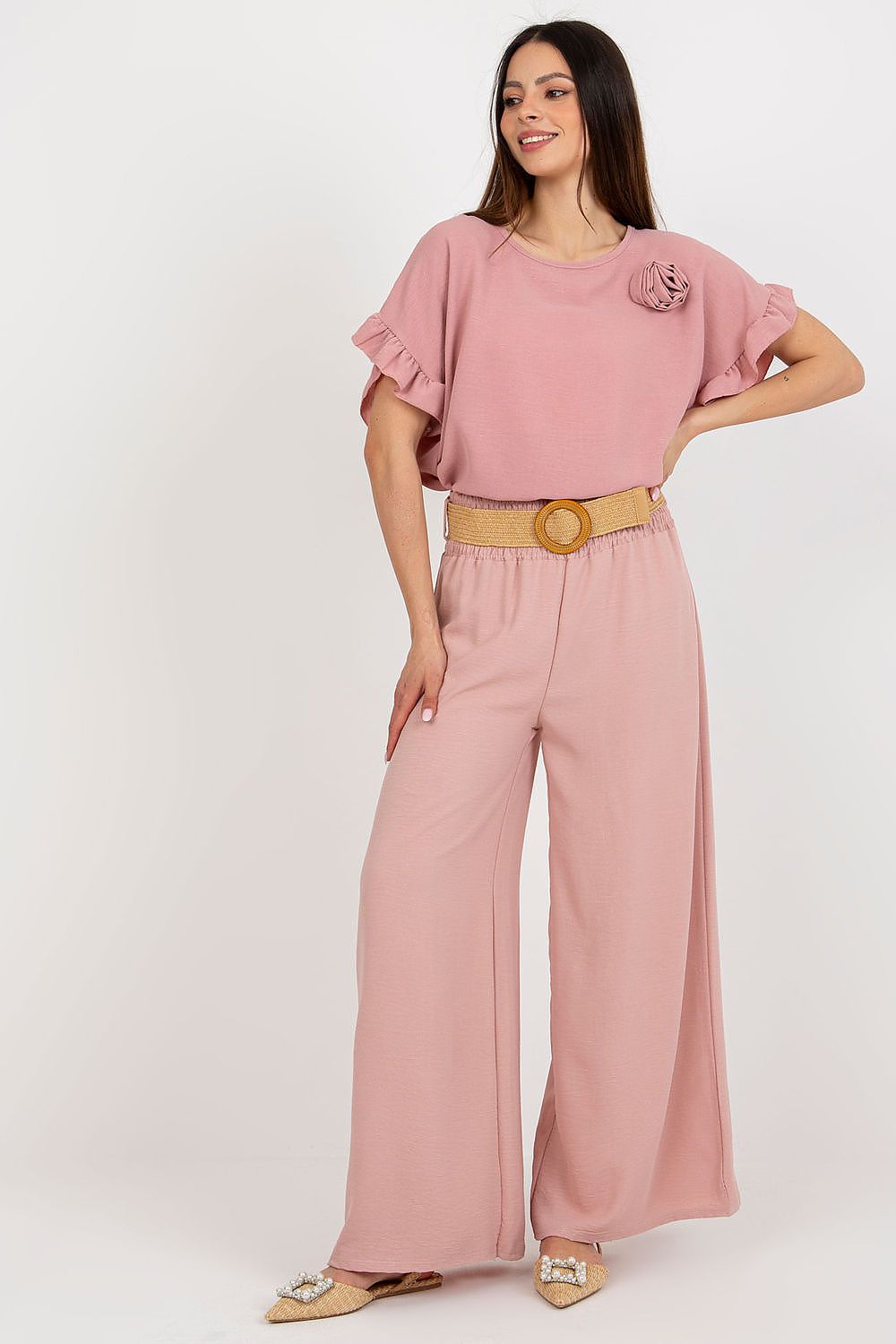 Model wearing Italy Moda Women's High Rise Wide Leg Trousers, elegantly styled for various occasions.
