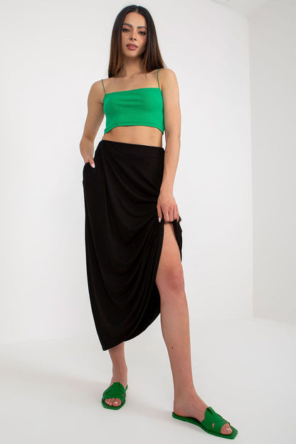 Luxurious long viscose blend summer skirt by Rue Paris with an elegant drape and elastic waistband, perfect for stylish summer outings.