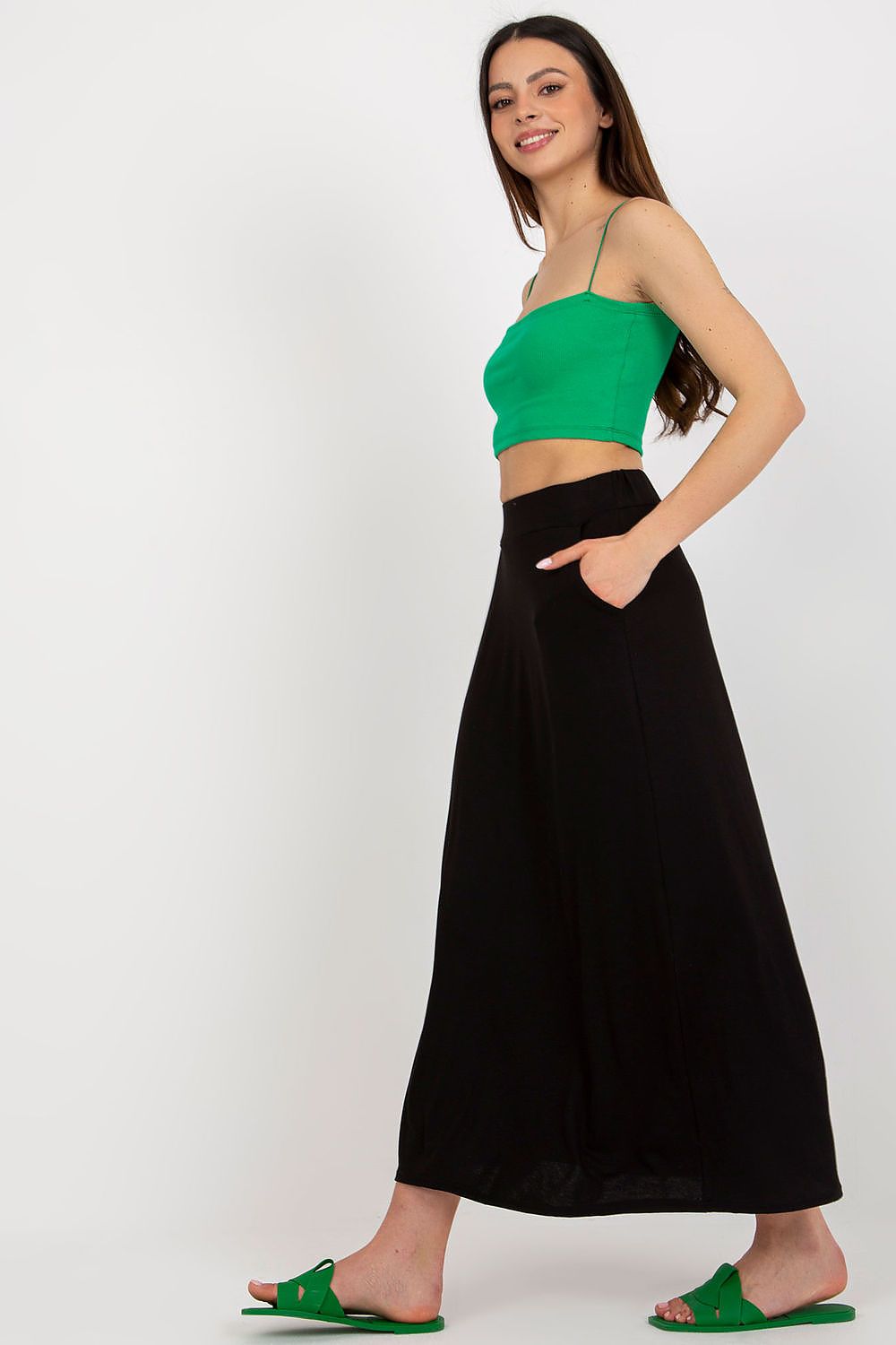 Close-up of Rue Paris luxurious long skirt features showing the high-quality viscose fabric and practical slip pockets.