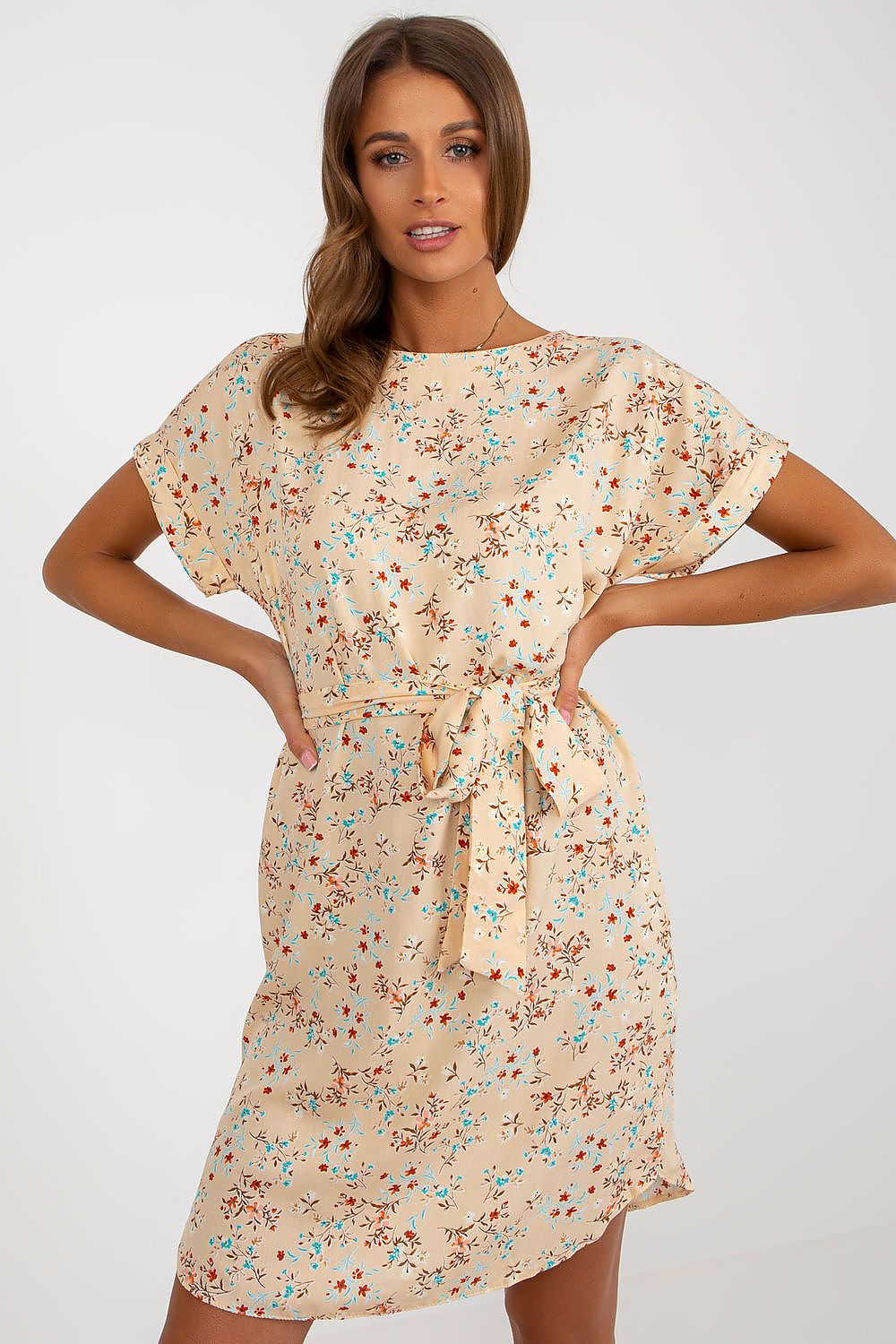 Elegant floral print summer dress by Rue Paris, featuring short sleeves, a round neckline, and a stylish belt accentuating the waist, perfect for upscale summer occasions.