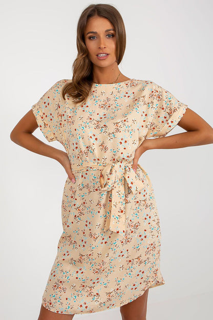 Elegant floral print summer dress by Rue Paris, featuring short sleeves, a round neckline, and a stylish belt accentuating the waist, perfect for upscale summer occasions.