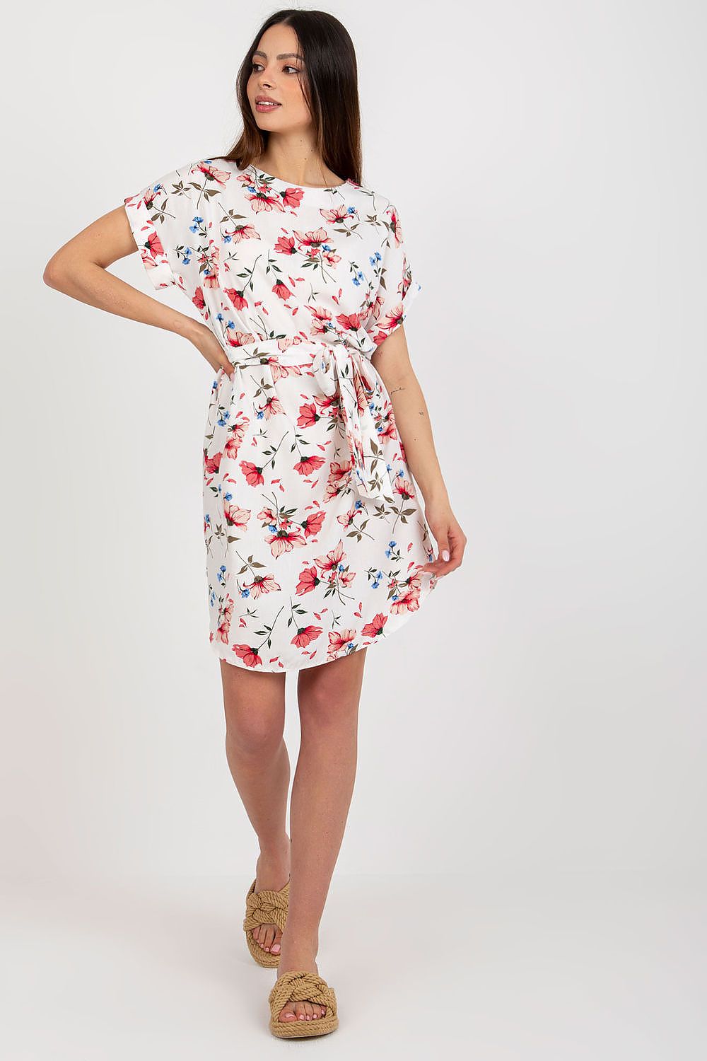 Elegant Rue Paris summer dress featuring a chic floral print, short sleeves, and a tailored belt, ideal for fashionable outings and sunny days.