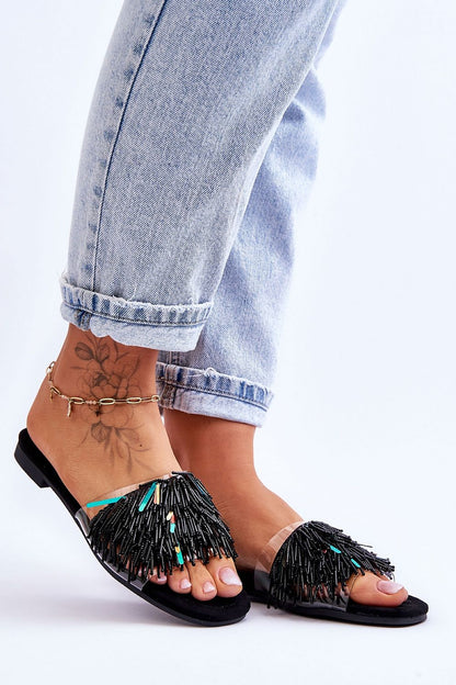 Elegant women's eco-suede flip-flops with bead embellishments from Step in Style, featuring a comfortable insole and a stylish, trendy design.