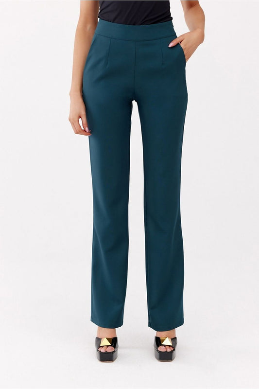 Elegant Roco Fashion women's straight trousers tailored fit with elastic polyester material, featuring side pockets for a sophisticated look suitable for any occasion.
