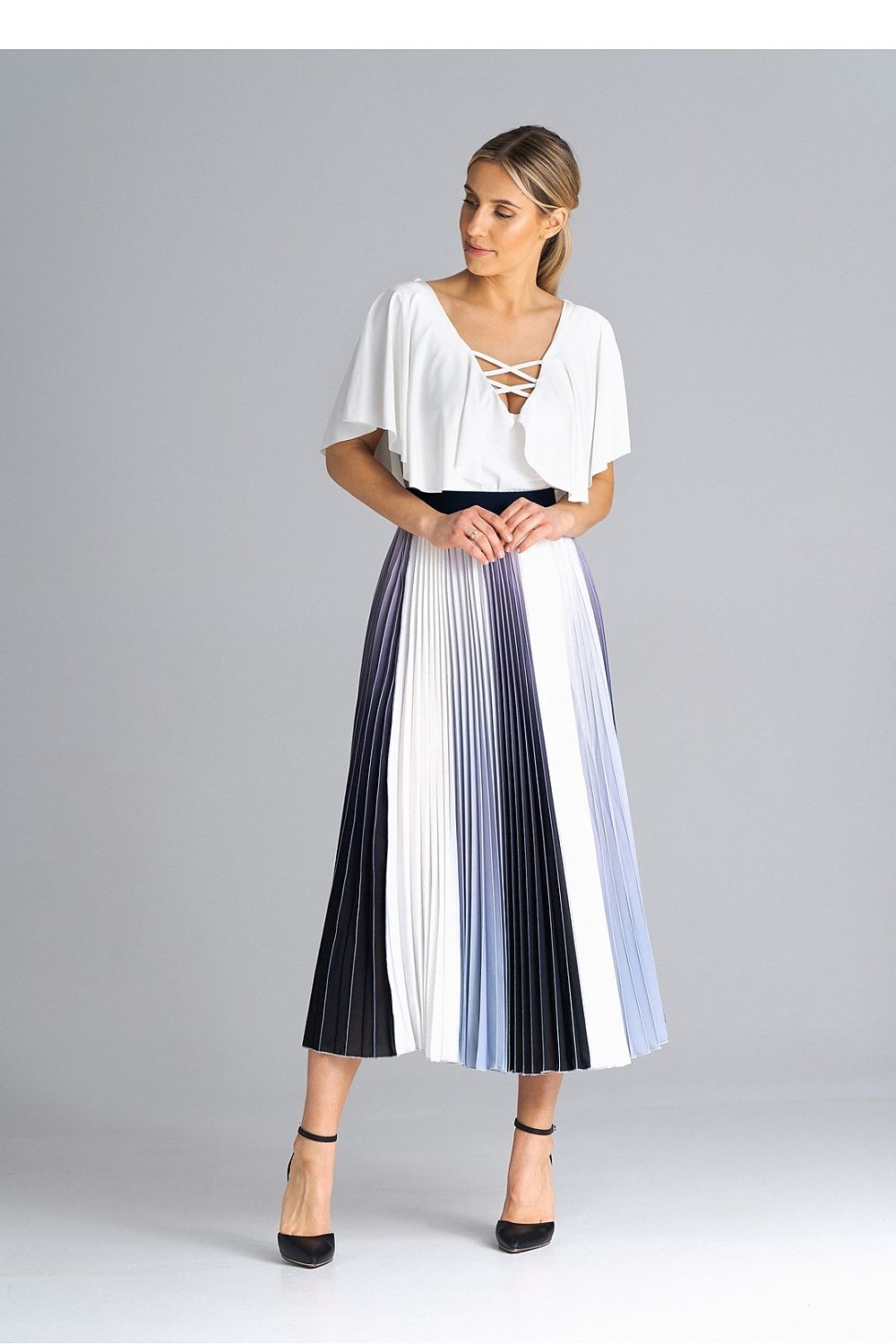 Luxury Midi Pleated Skirt by Figl featuring an elastic waistband, crafted from 100% Polyester - a perfect choice for stylish occasions.