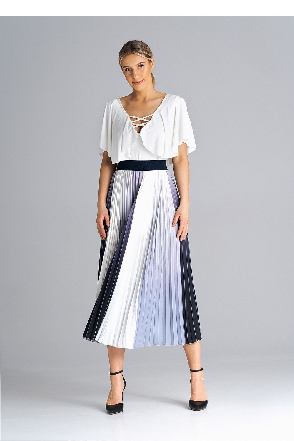 Elegant Luxury Midi Pleated Skirt by Figl featuring a comfortable elastic waistband, crafted from 100% polyester, ideal for sophisticated occasions.