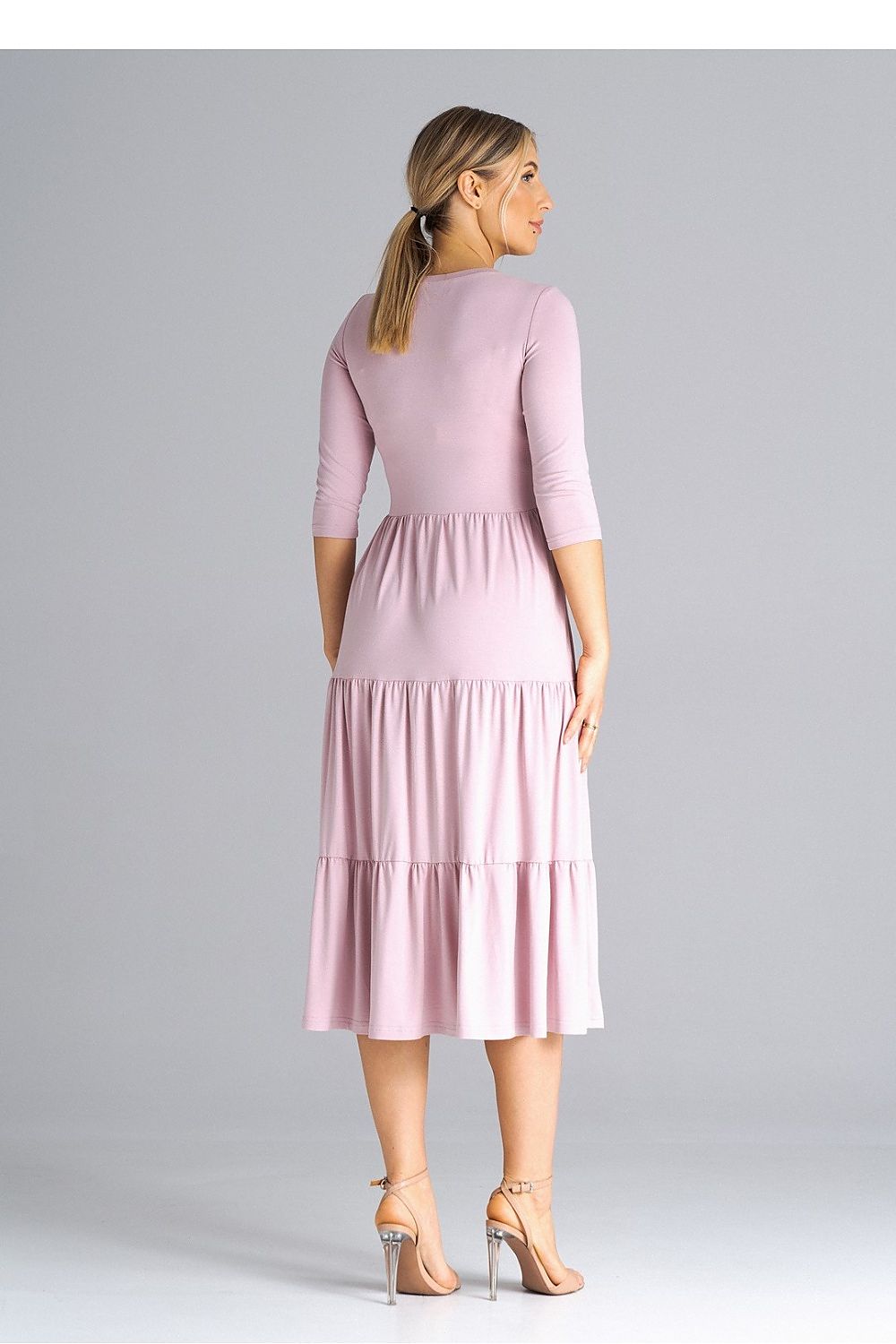 Elegant Figl Midi Dress showcasing 3/4 sleeves and crinkled ruffles, perfect for sophisticated occasions.