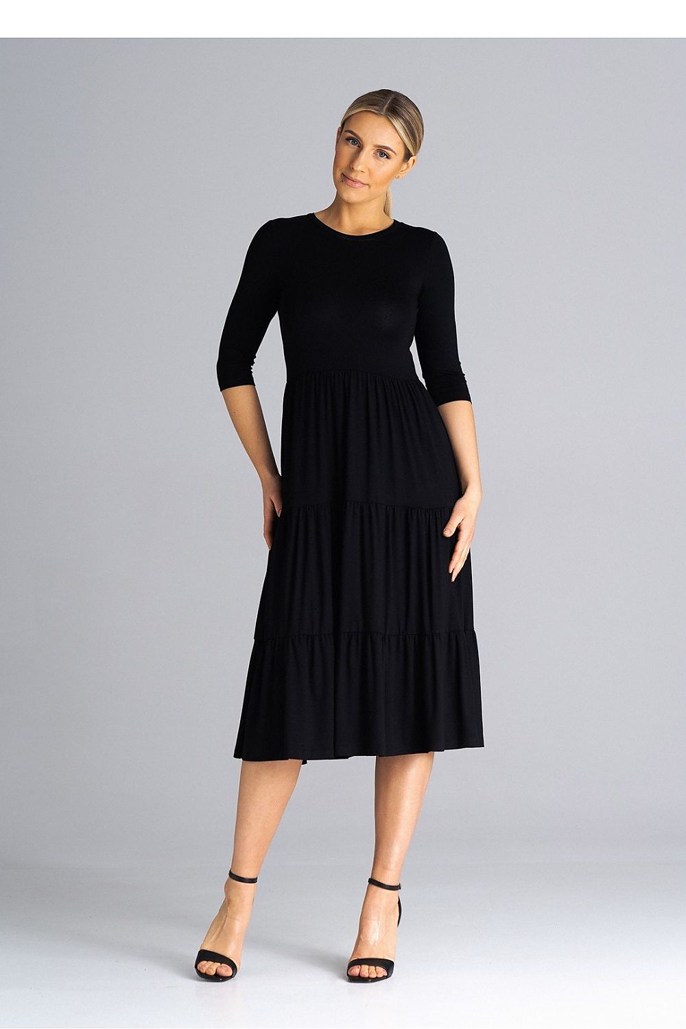 Elegant Figl midi dress featuring sophisticated 3/4 sleeves and exquisite crinkled ruffles, perfect for any luxurious occasion.