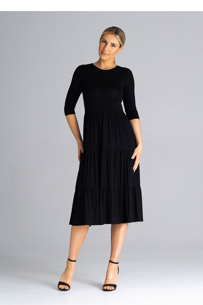 Elegant Figl midi dress featuring sophisticated 3/4 sleeves and exquisite crinkled ruffles, perfect for any luxurious occasion.