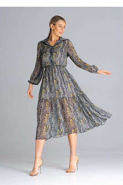 Elegant Midi Length Flared Daydress by Figl featuring long sleeves, collar neckline, and a whimsical ruffled hem, embodying luxury fashion for stylish occasions.