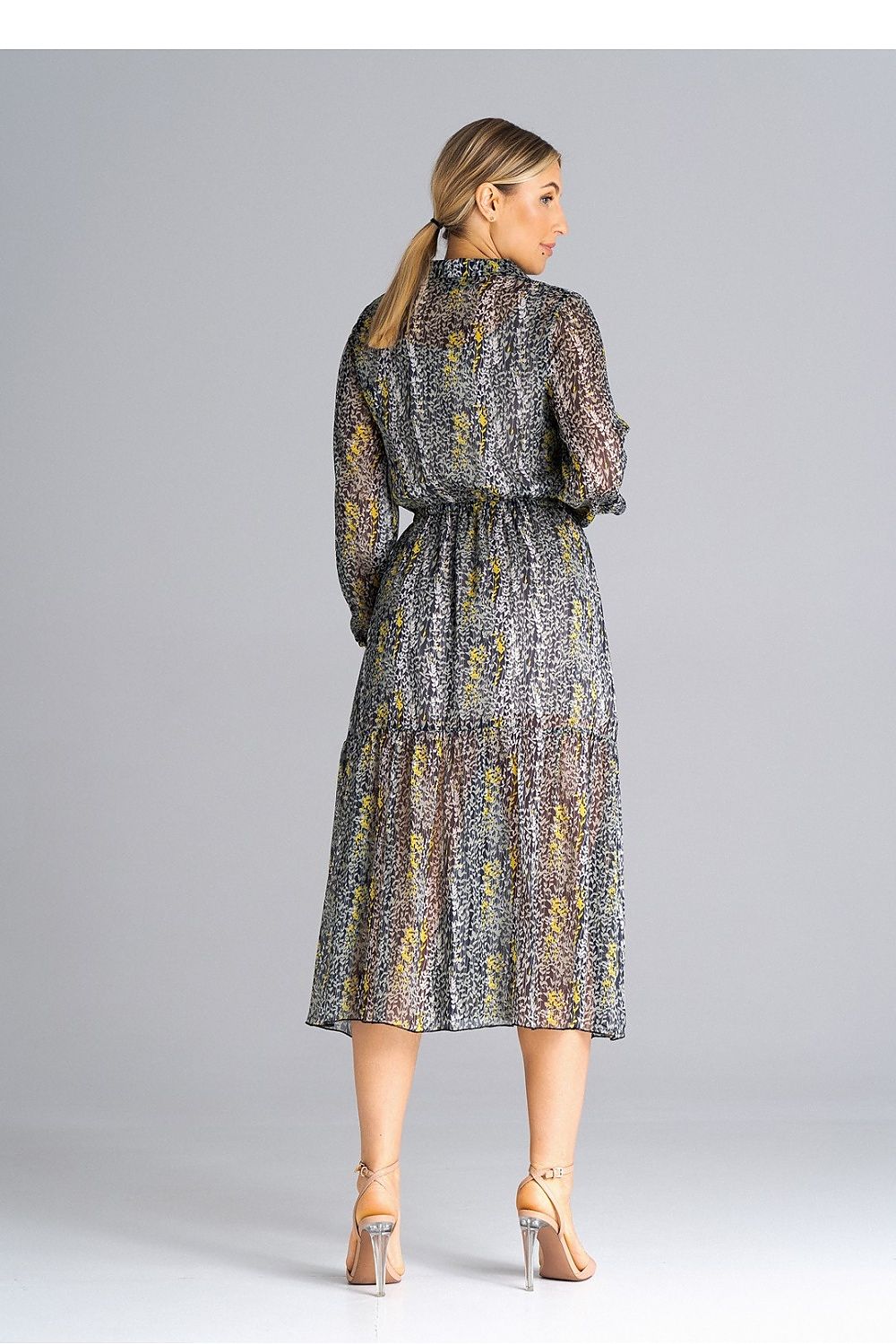 Stylishly crafted Figl dress in a flattering midi length with elastic crinkled long sleeves, perfect for any occasion.