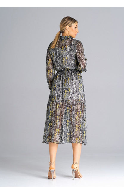 Stylishly crafted Figl dress in a flattering midi length with elastic crinkled long sleeves, perfect for any occasion.