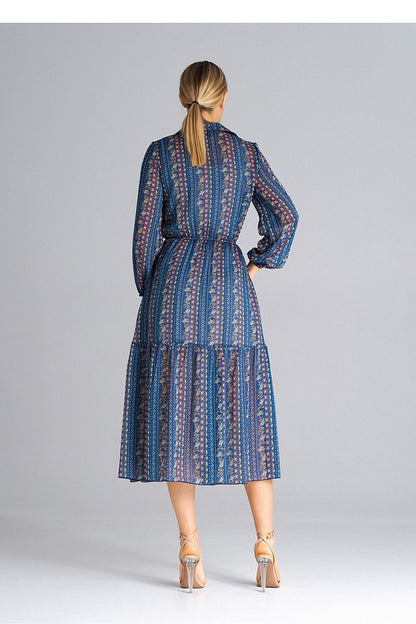 Elegant Midi Length Flared Daydress by Figl, featuring long sleeves, a stylish collar neckline, and a luxurious ruffled hem design, perfect for sophisticated occasions.